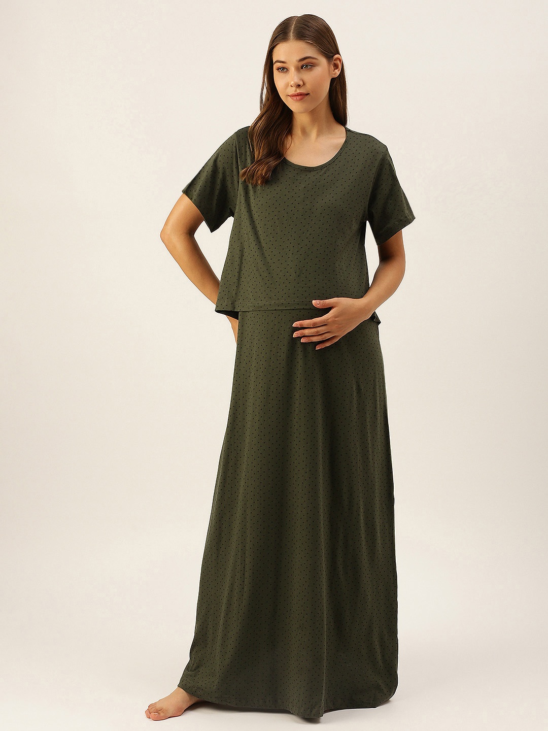 

Nejo Olive Green & Black Polka Dot Printed Layered Cotton Maxi Maternity Nightdress
