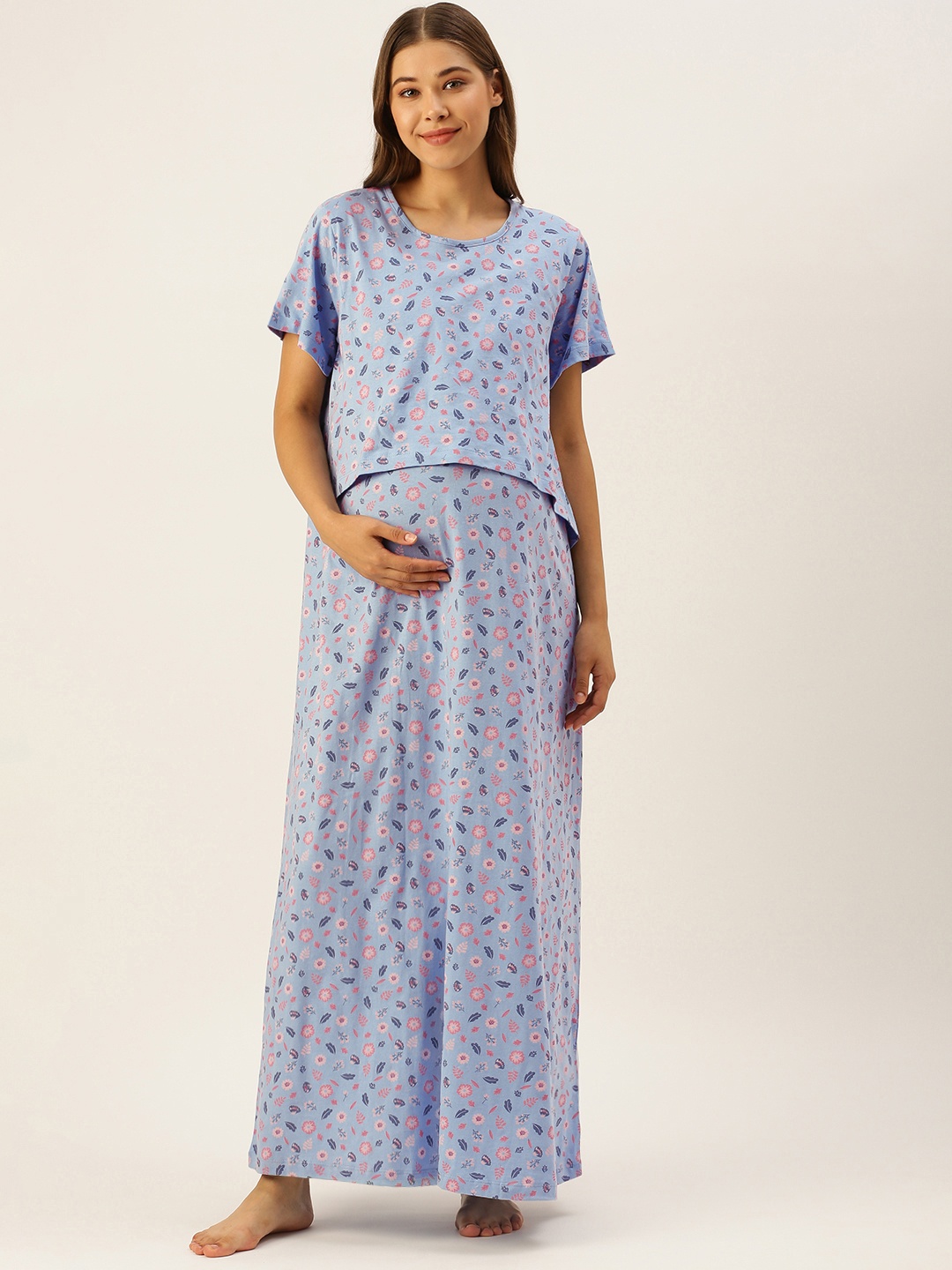 

Nejo Blue & Pink Floral Printed Layered Cotton Maxi Maternity Nightdress