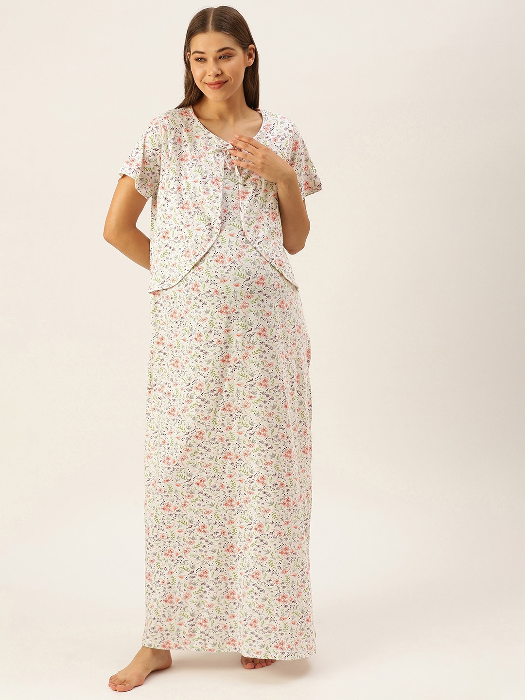 

Nejo White & Green Floral Print Bow Detail Layered Cotton Maxi Maternity Nightdress