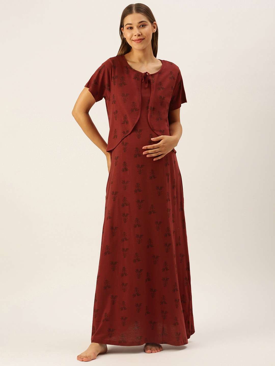 

Nejo Maroon Floral Print Bow Detail Layered Cotton Maxi Maternity Nightdress