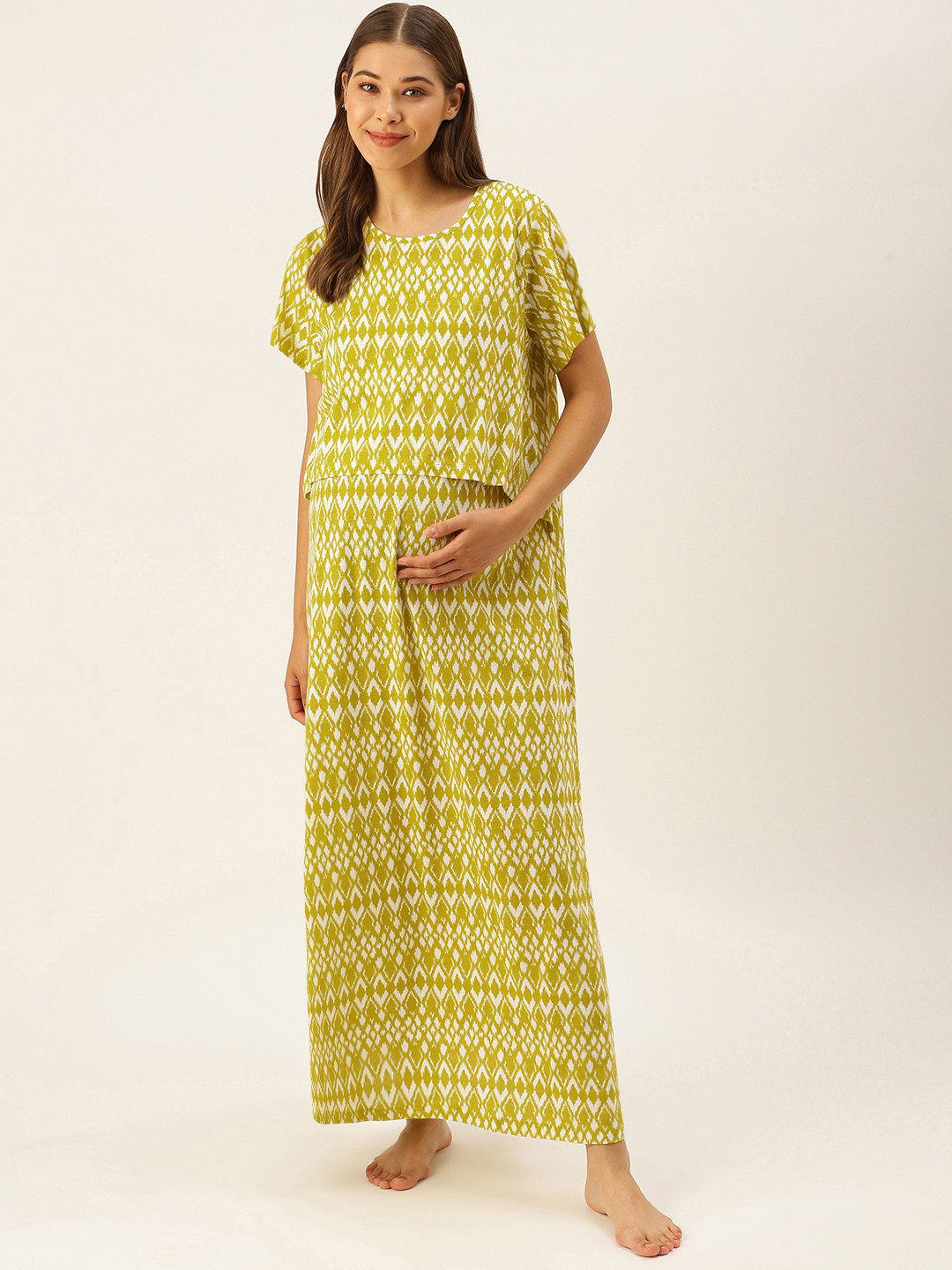 

Nejo Green & White Geometric Printed Layered Cotton Maxi Maternity Nightdress