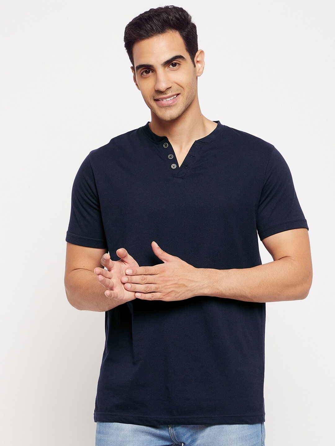 

HARBOR N BAY Men Navy Blue Henley Neck T-shirt