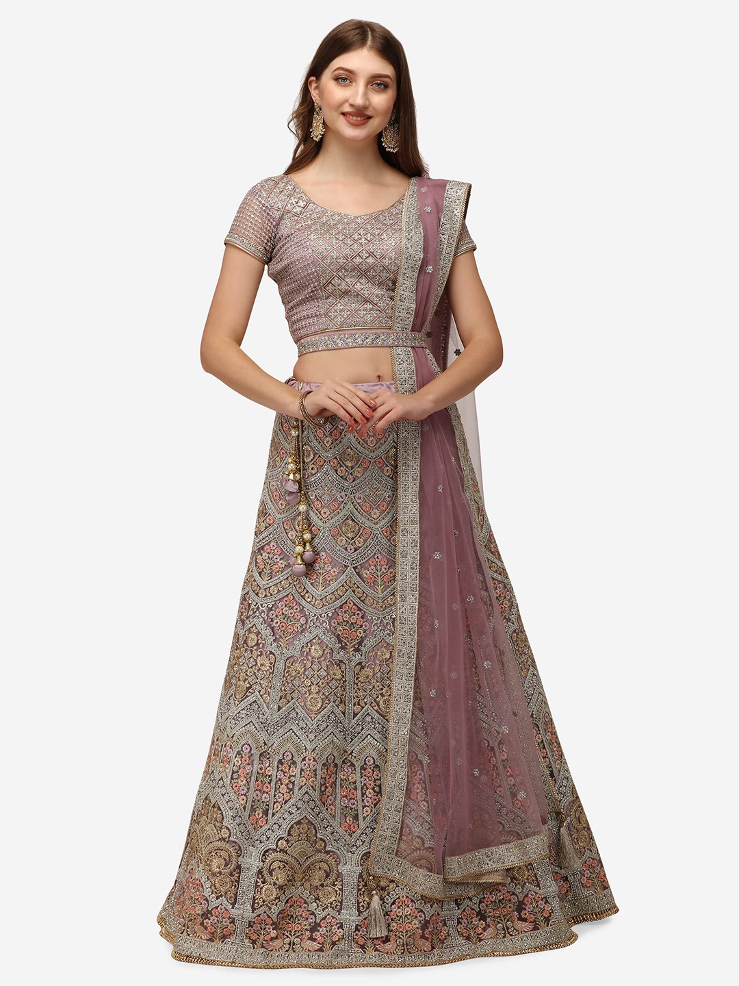 

NAKKASHI Mauve & Gold-Toned Embellished zari Semi-Stitched Lehenga Choli
