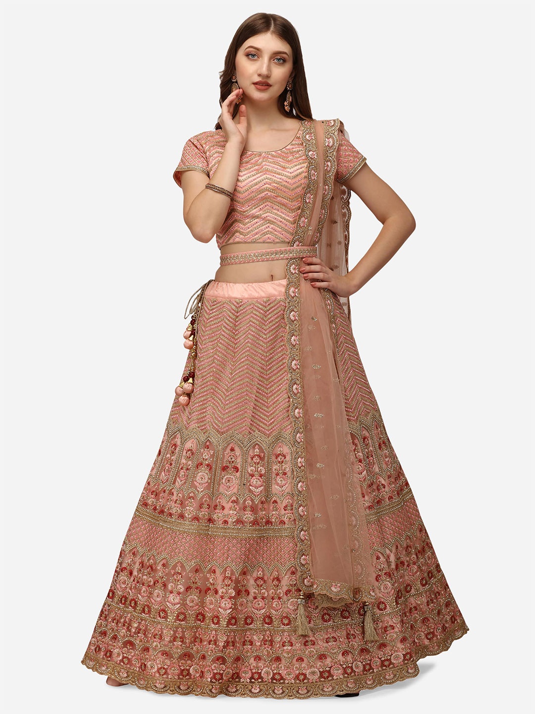 

NAKKASHI Peach-Coloured Embellished Semi-Stitched Lehenga & Unstitched Blouse With Dupatta