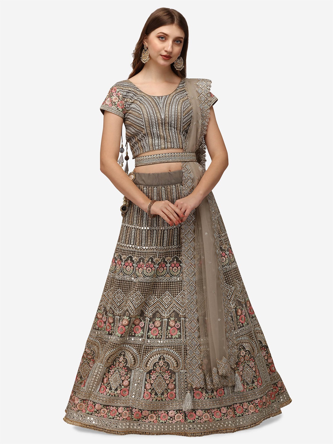 

NAKKASHI Taupe & Gold-Toned Embroidered Sequinned Semi-Stitched Lehenga Choli