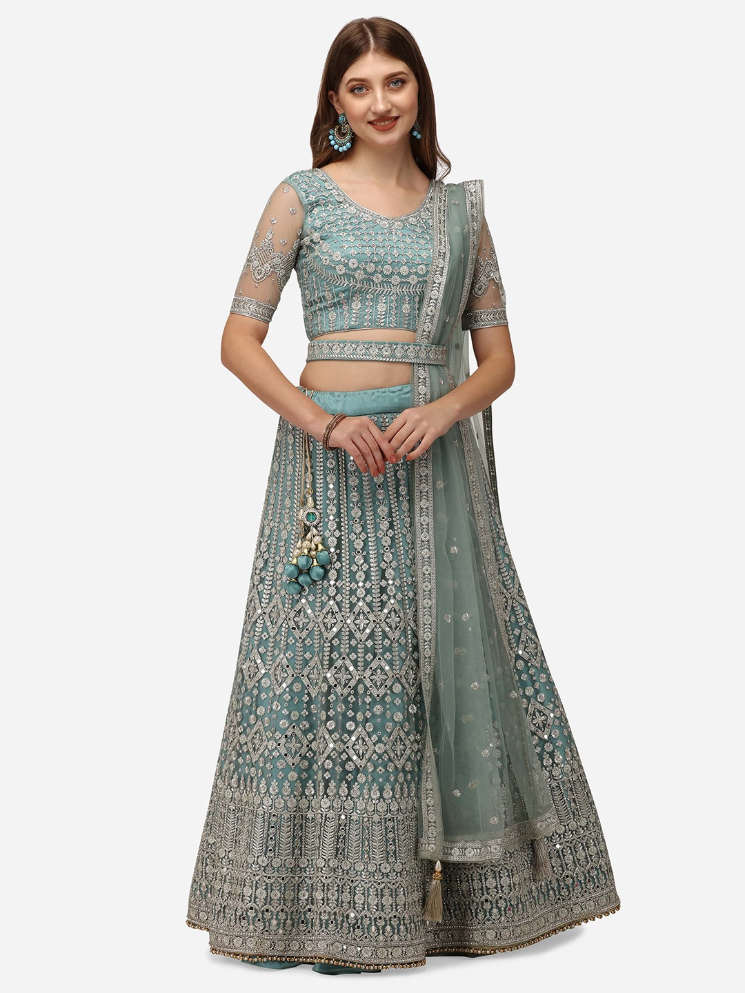 

NAKKASHI Blue & Silver-Toned Embellished Semi-Stitched Lehenga & Unstitched Blouse With Dupatta