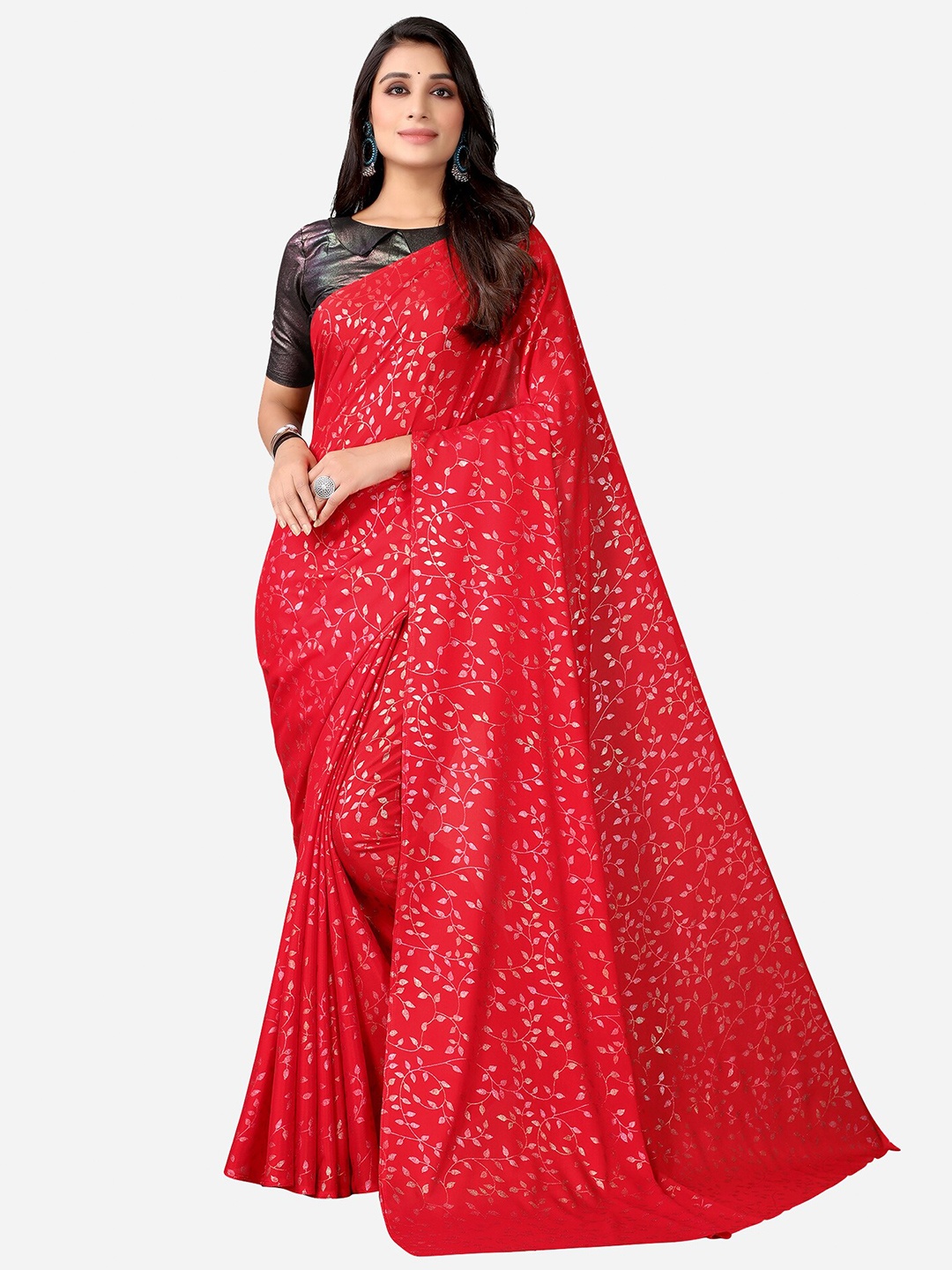 

Satrani Red & Silver-Toned Floral Pure Crepe Saree