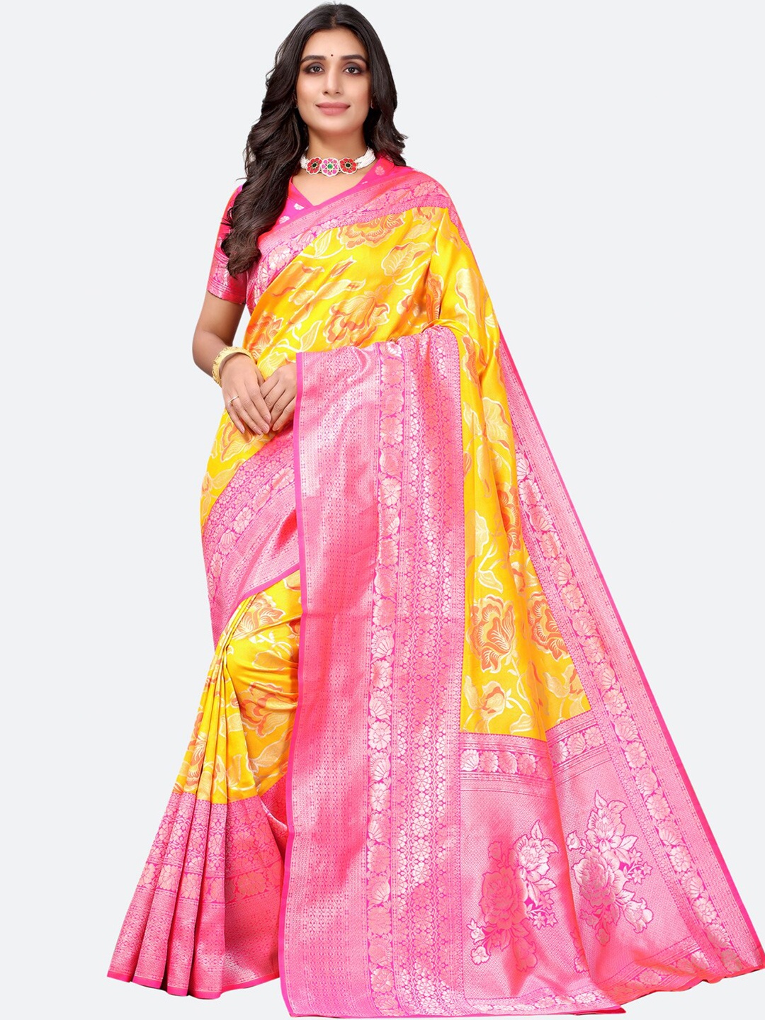 

Satrani Yellow & Pink Floral Woven Design Saree