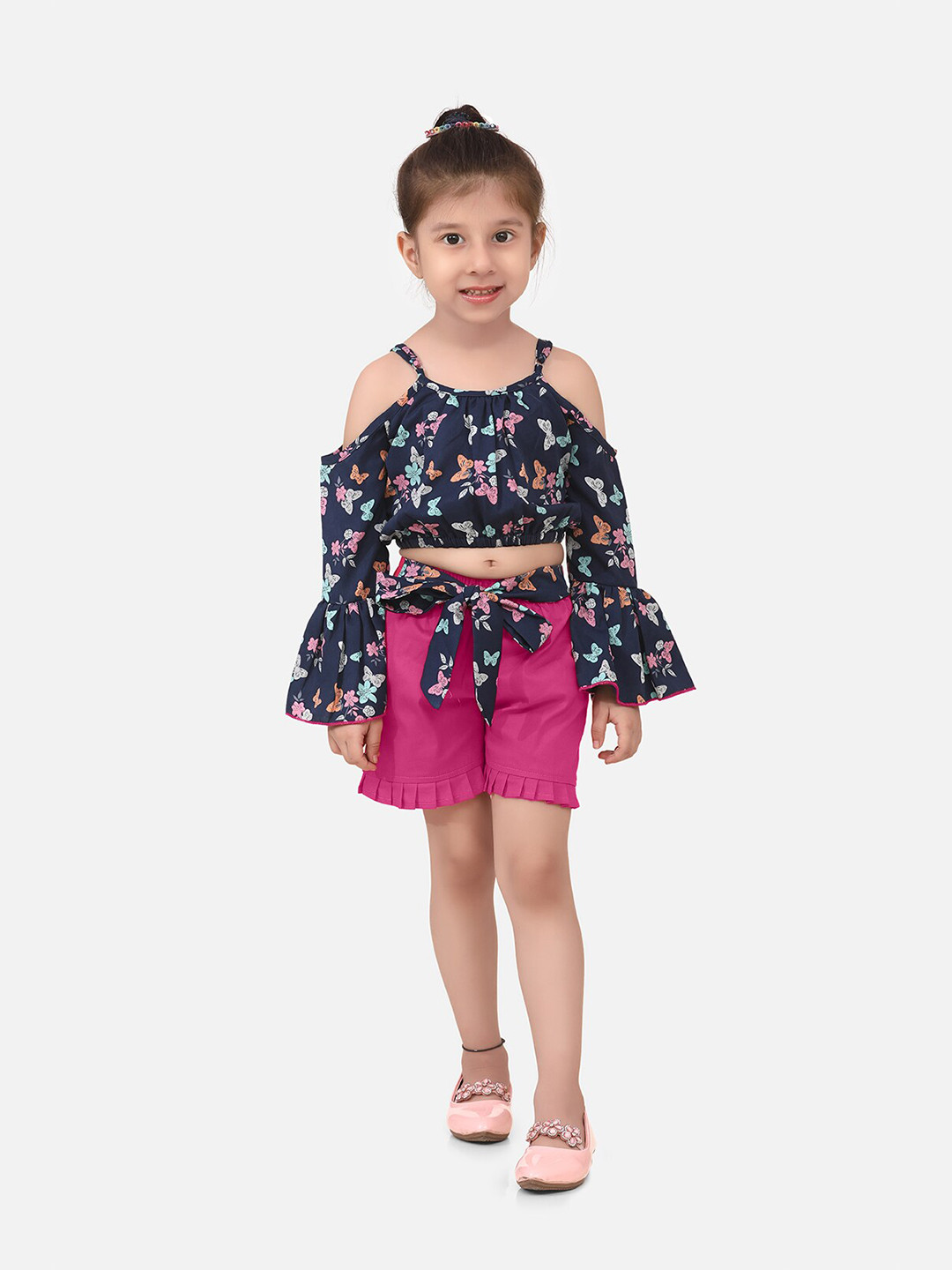 

Cutiekins Girls Navy Blue & Pink Printed Top with Shorts