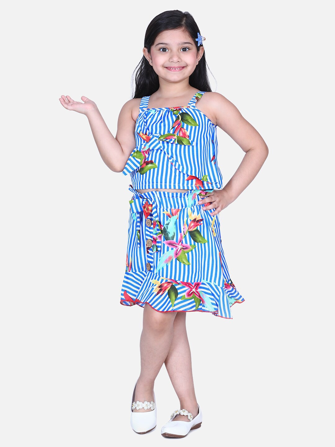 

Cutiekins Girls Navy Blue & White Printed Top with Skirt