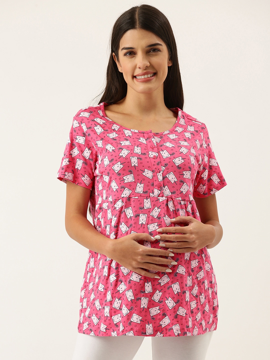 

Nejo Women Pink & White Printed Pure Cotton Nursing Top