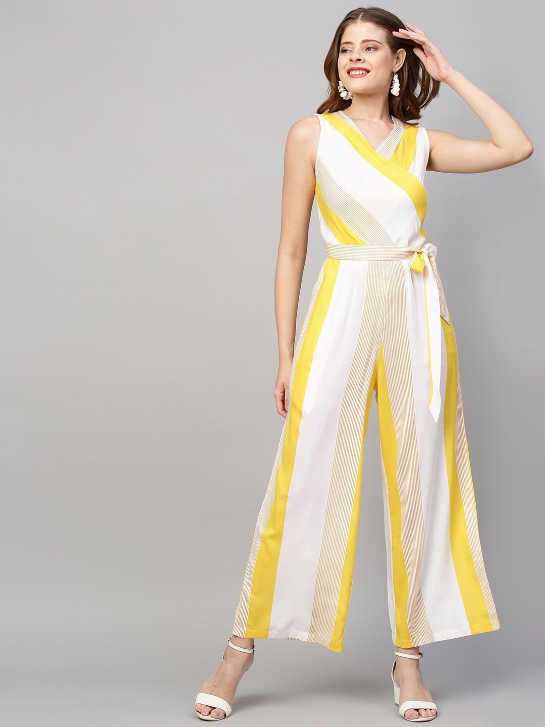 

FASHOR White & Yellow Striped V Neck Jumpsuit