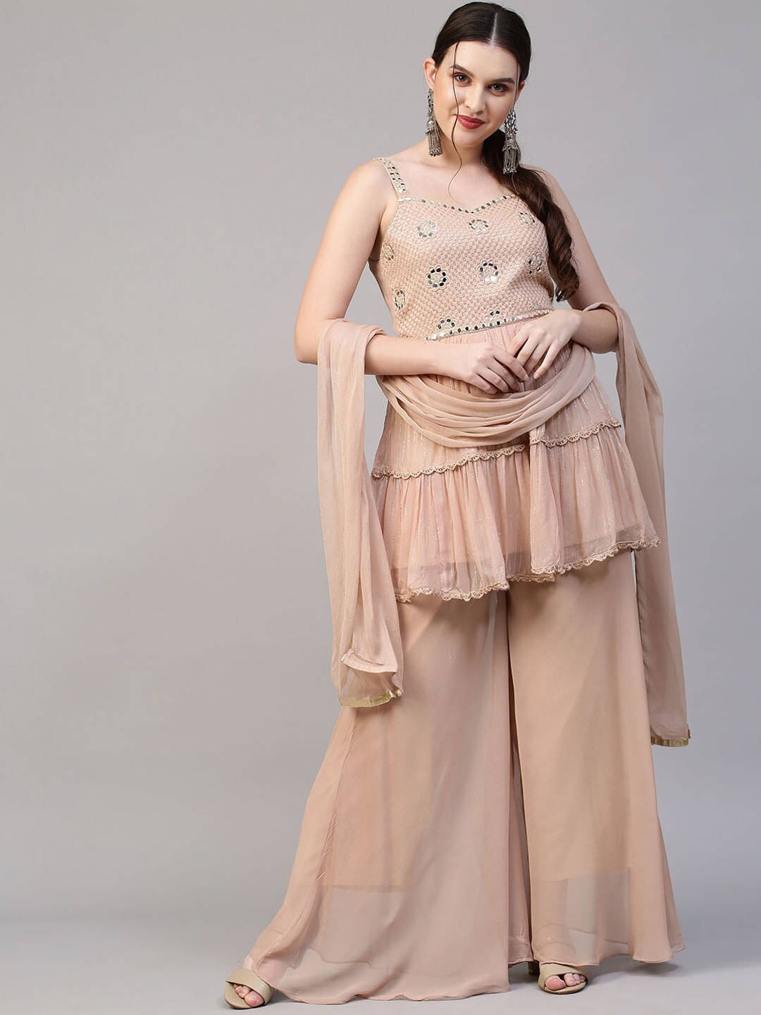 

FASHOR Women Beige Embroidered Empire Mirror Work Kurti with Skirt & With Dupatta