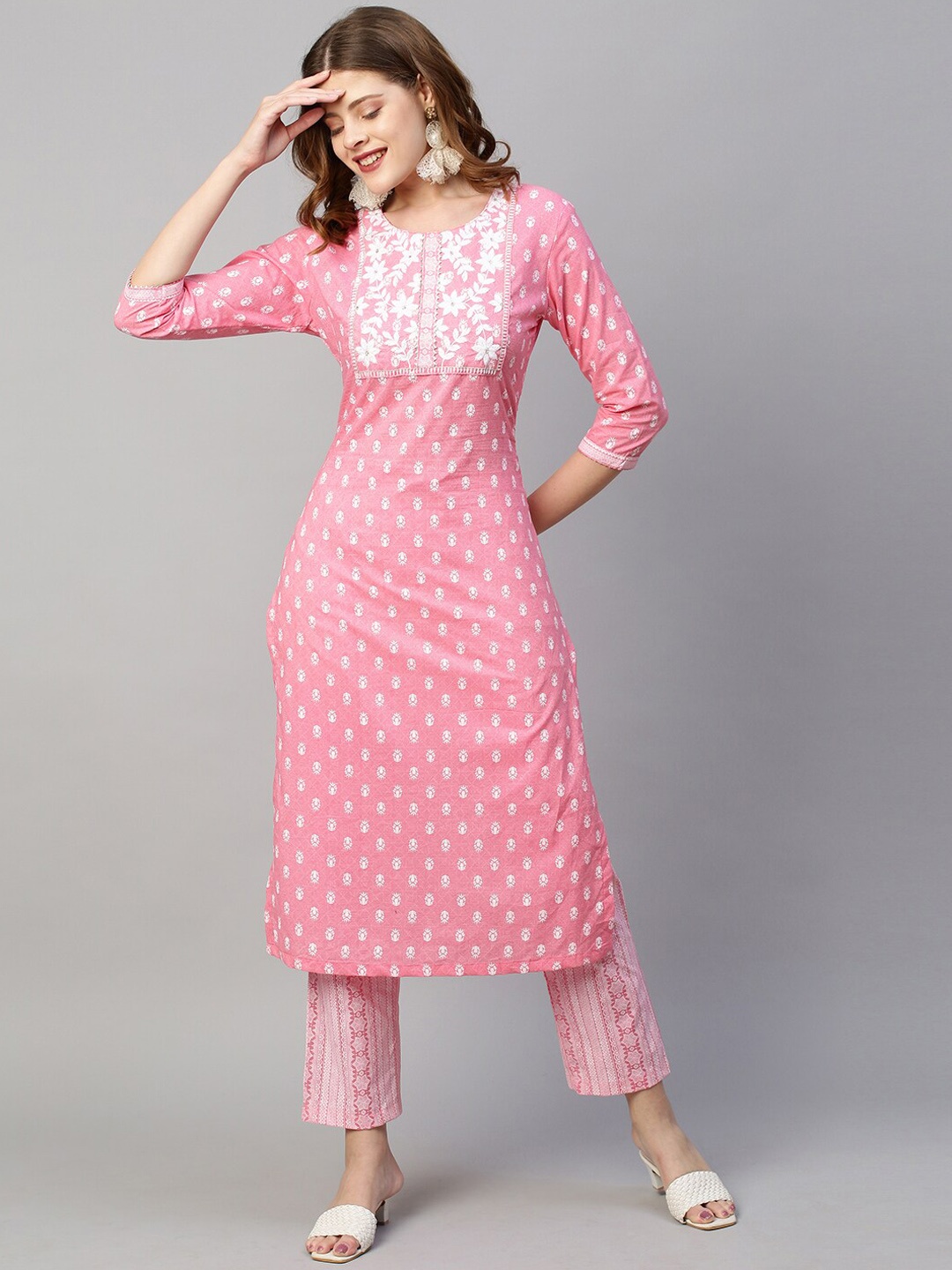 

FASHOR Women Pink Embroidered Panelled Chikankari Pure Cotton Kurti with Skirt