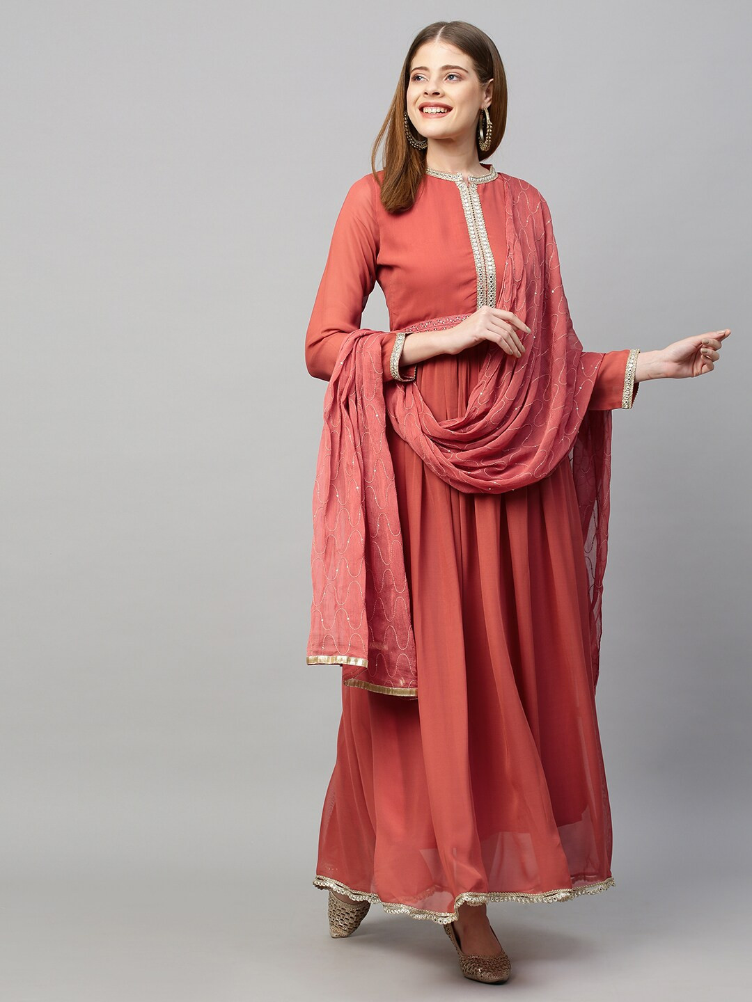 

FASHOR Peach-Coloured Georgette Peplum Dress