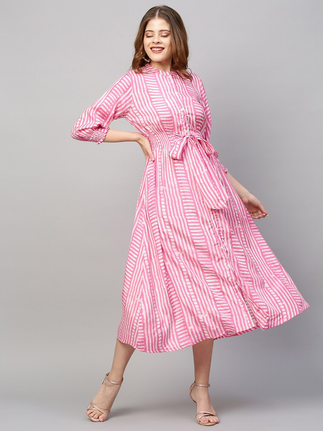 

FASHOR Pink Striped A-Line Midi Dress