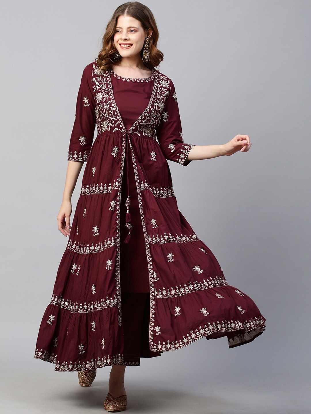 

FASHOR Women Burgundy Ethnic Motifs Printed Pure Cotton Kurti with Palazzos