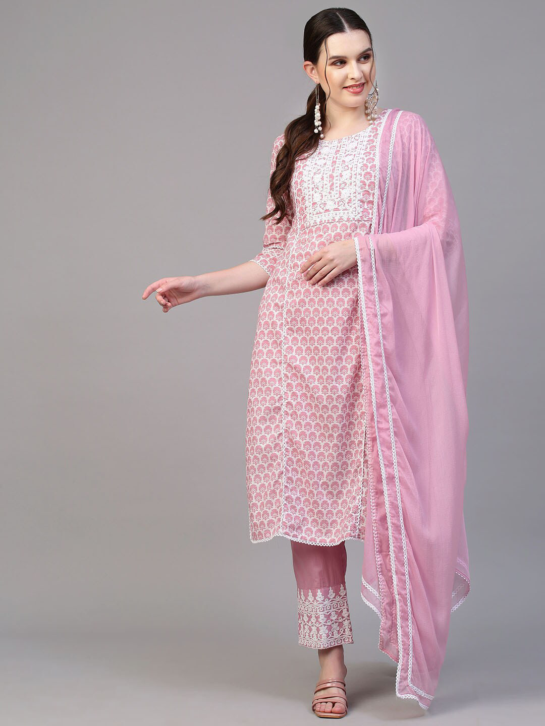 

FASHOR Women Pink Angrakha Sequinned Pure Cotton Kurti with Trousers & With Dupatta