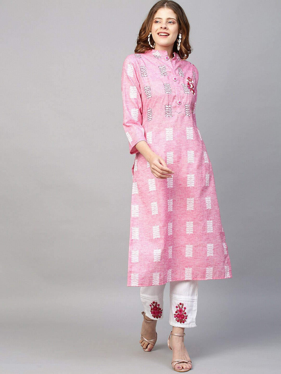 

FASHOR Women Pink Striped Thread Work Kurta with Trousers