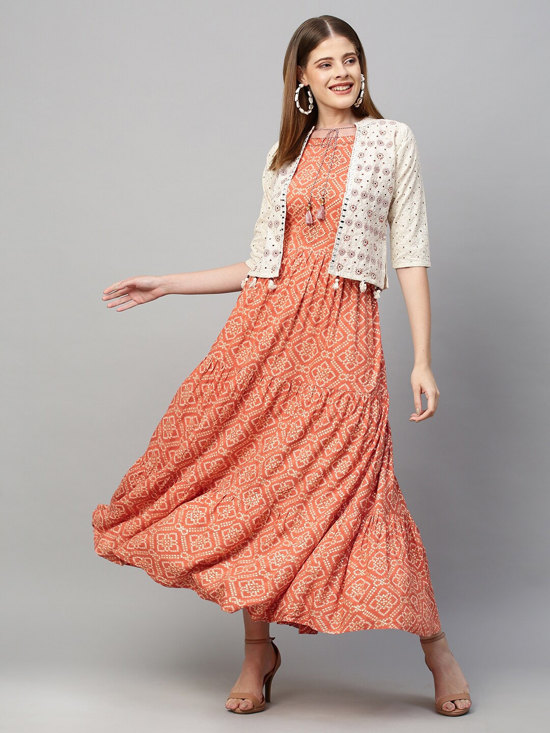 

FASHOR Orange Ethnic Motifs Ethnic Maxi Dress