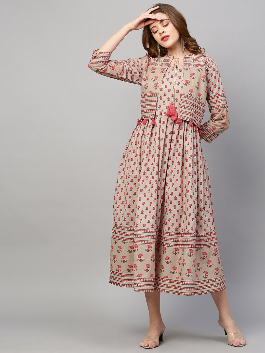 

FASHOR Beige Ethnic Motifs A-Line Midi Dress