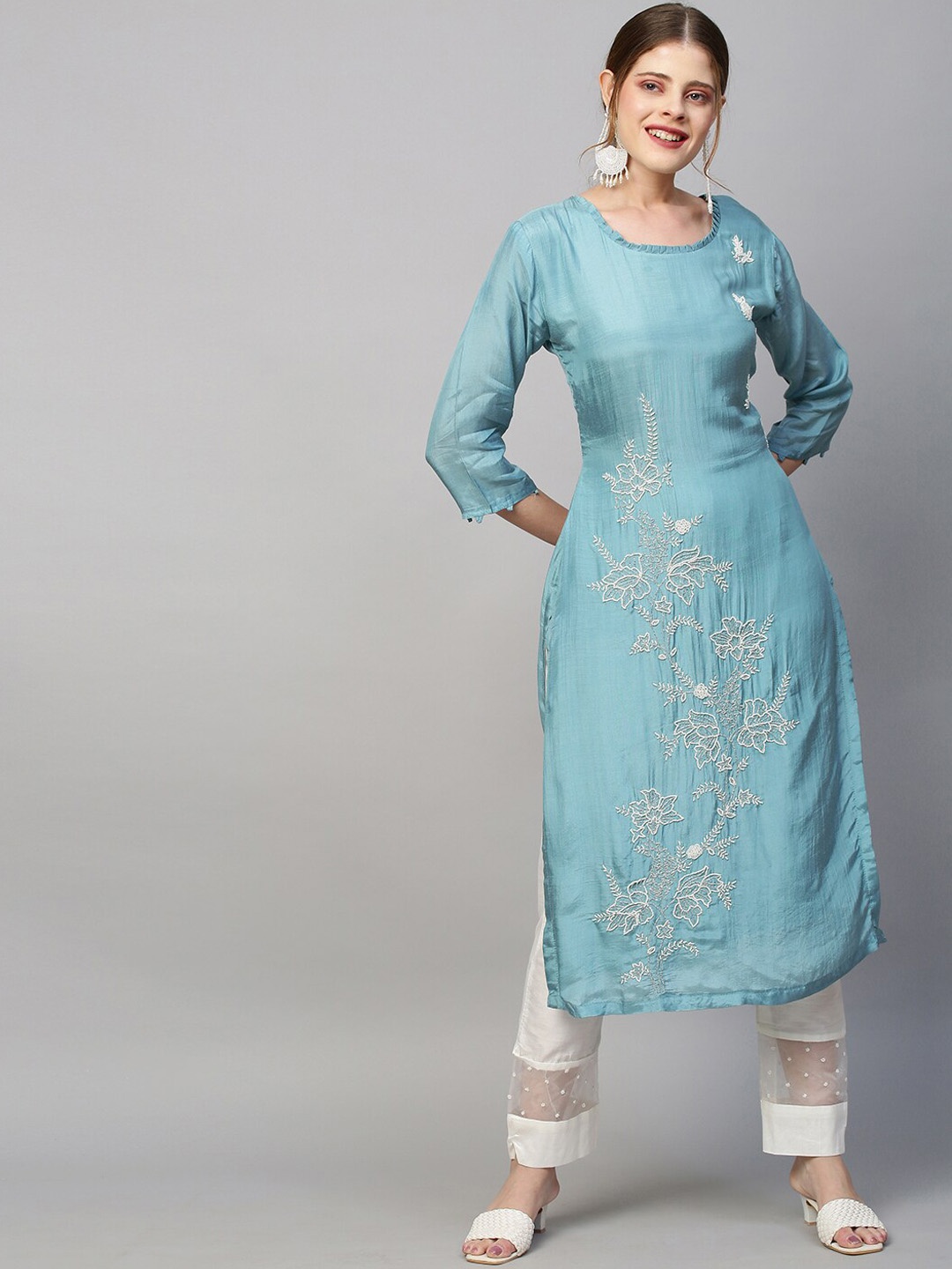 

FASHOR Women Blue Embroidered Pleated Beads and Stones Kurti with Trousers & With Dupatta