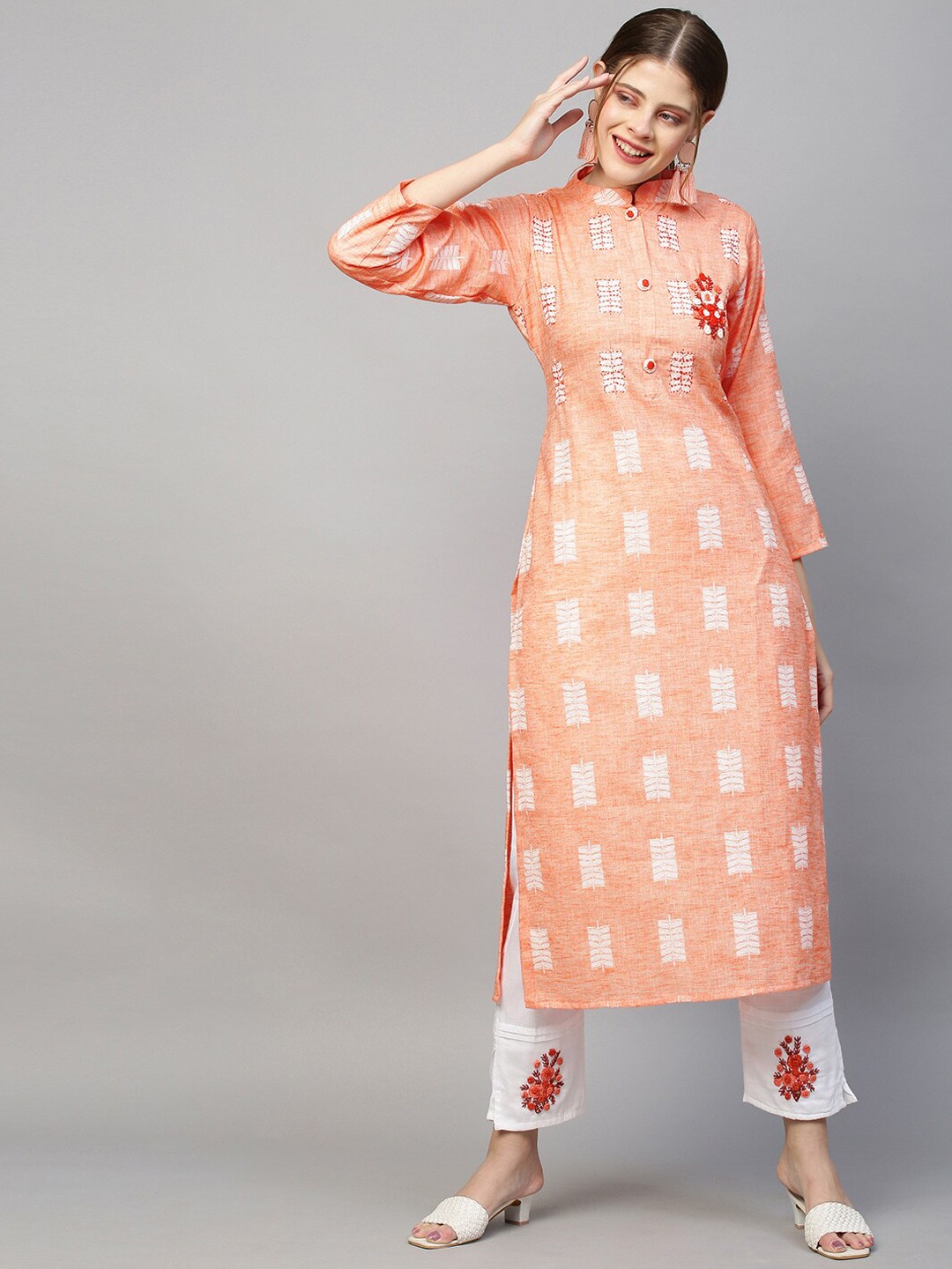 

FASHOR Women Orange Yoke Design Angrakha Thread Work Kurti with Skirt & With Dupatta
