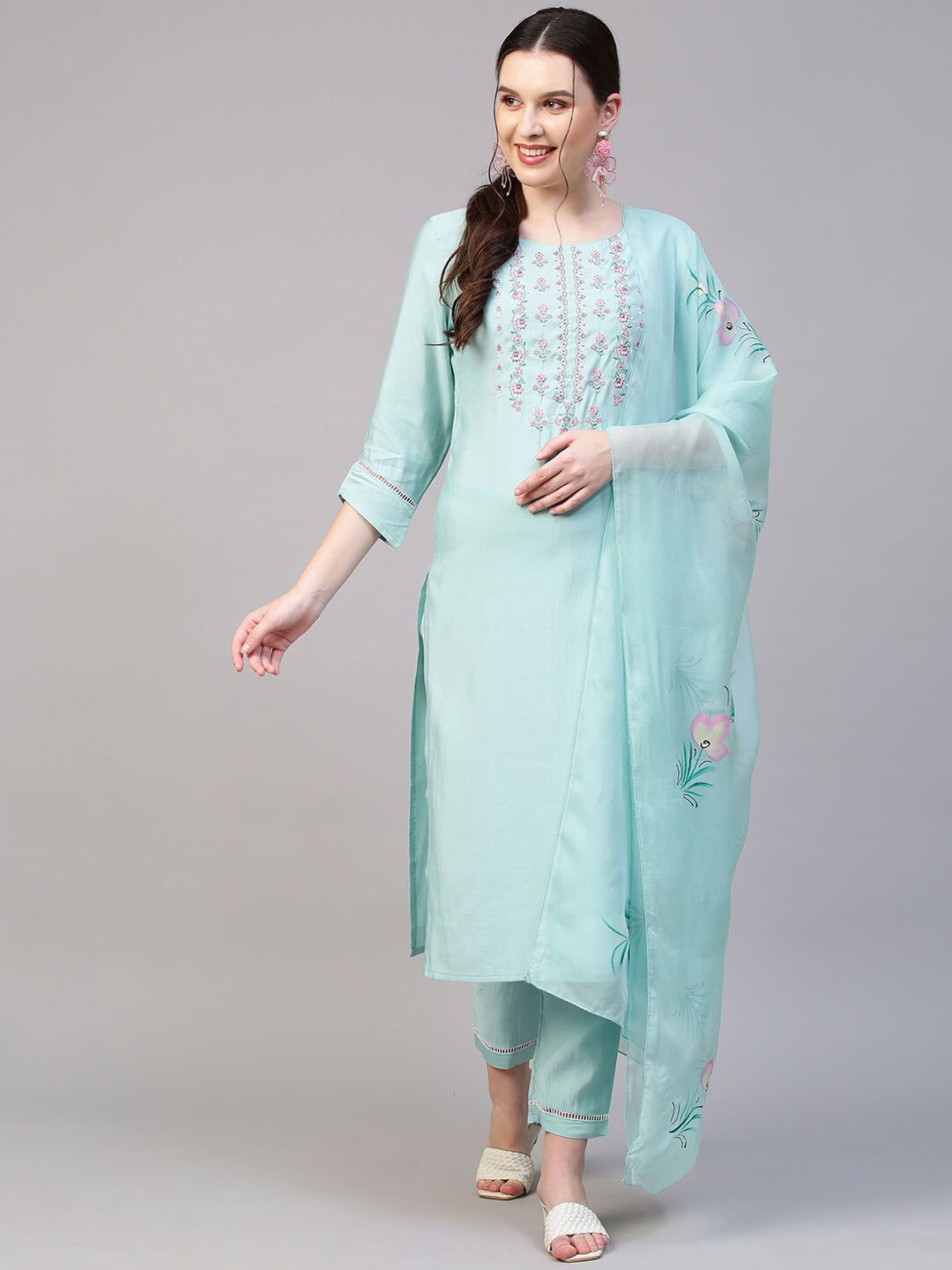 

FASHOR Women Turquoise Blue Embroidered Layered Beads and Stones Kurti with Trousers & With Dupatta