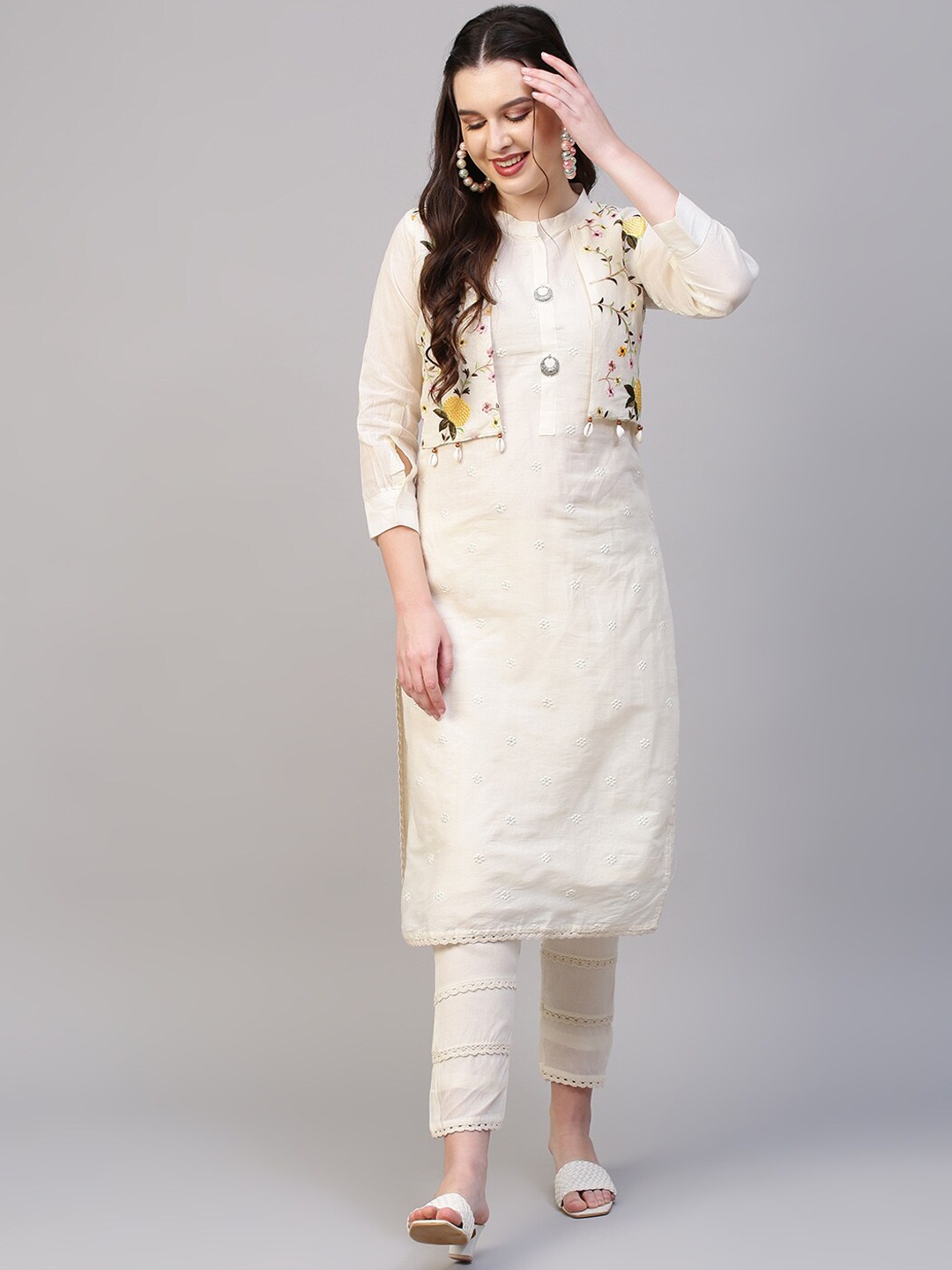 

FASHOR Women Off White Sequinned Pure Cotton Kurta with Palazzos & With Dupatta