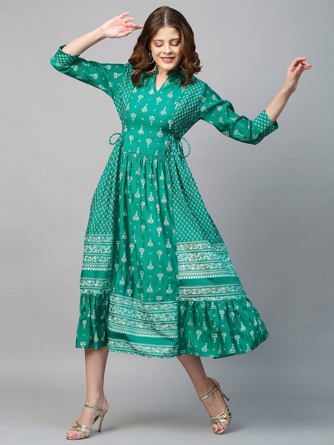 

FASHOR Green Ethnic Motifs A-Line Midi Dress