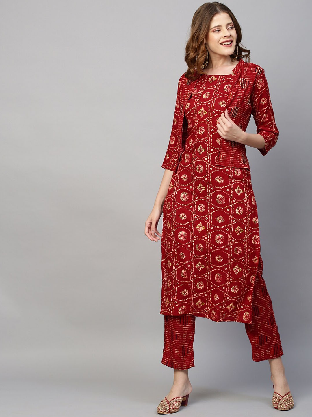 

FASHOR Women Maroon Embroidered Kurti with Trousers & With Dupatta