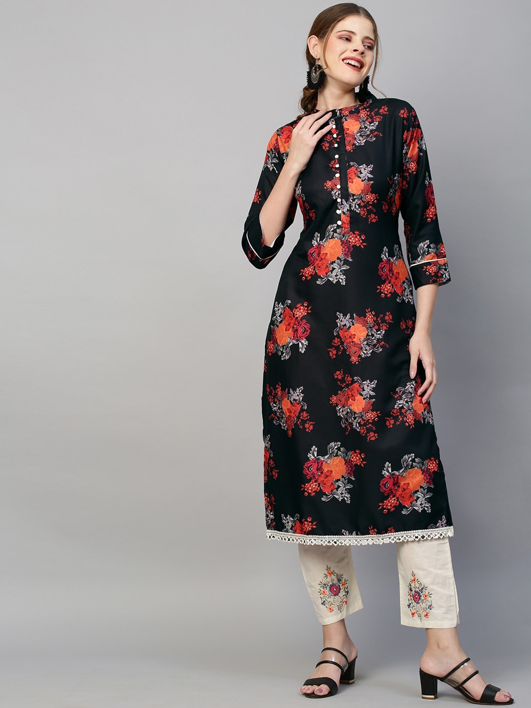 

FASHOR Women Black Embroidered Kurti with Trousers & With Dupatta