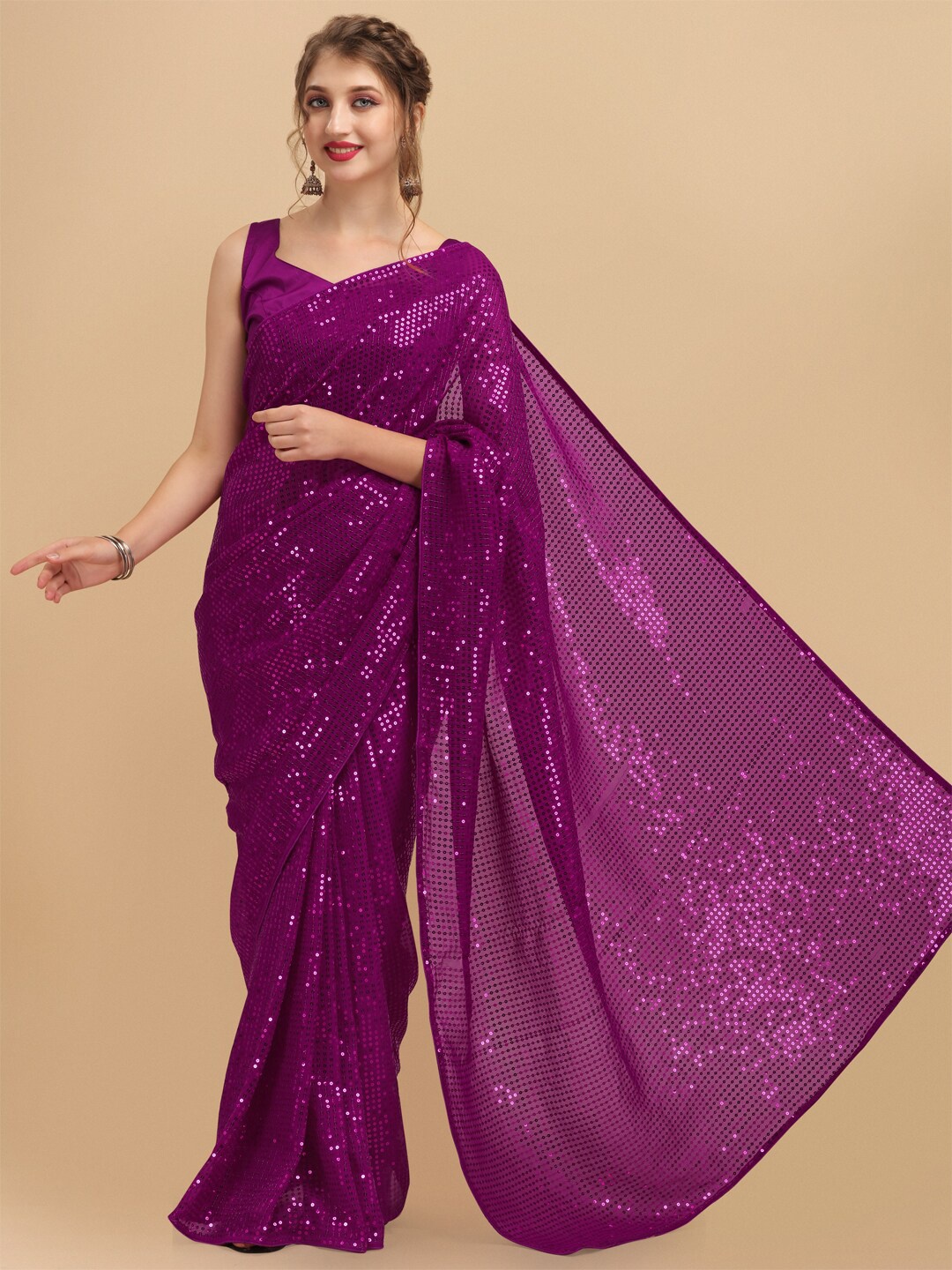

Sangria Purple Embellished Sequinned Pure Georgette Saree