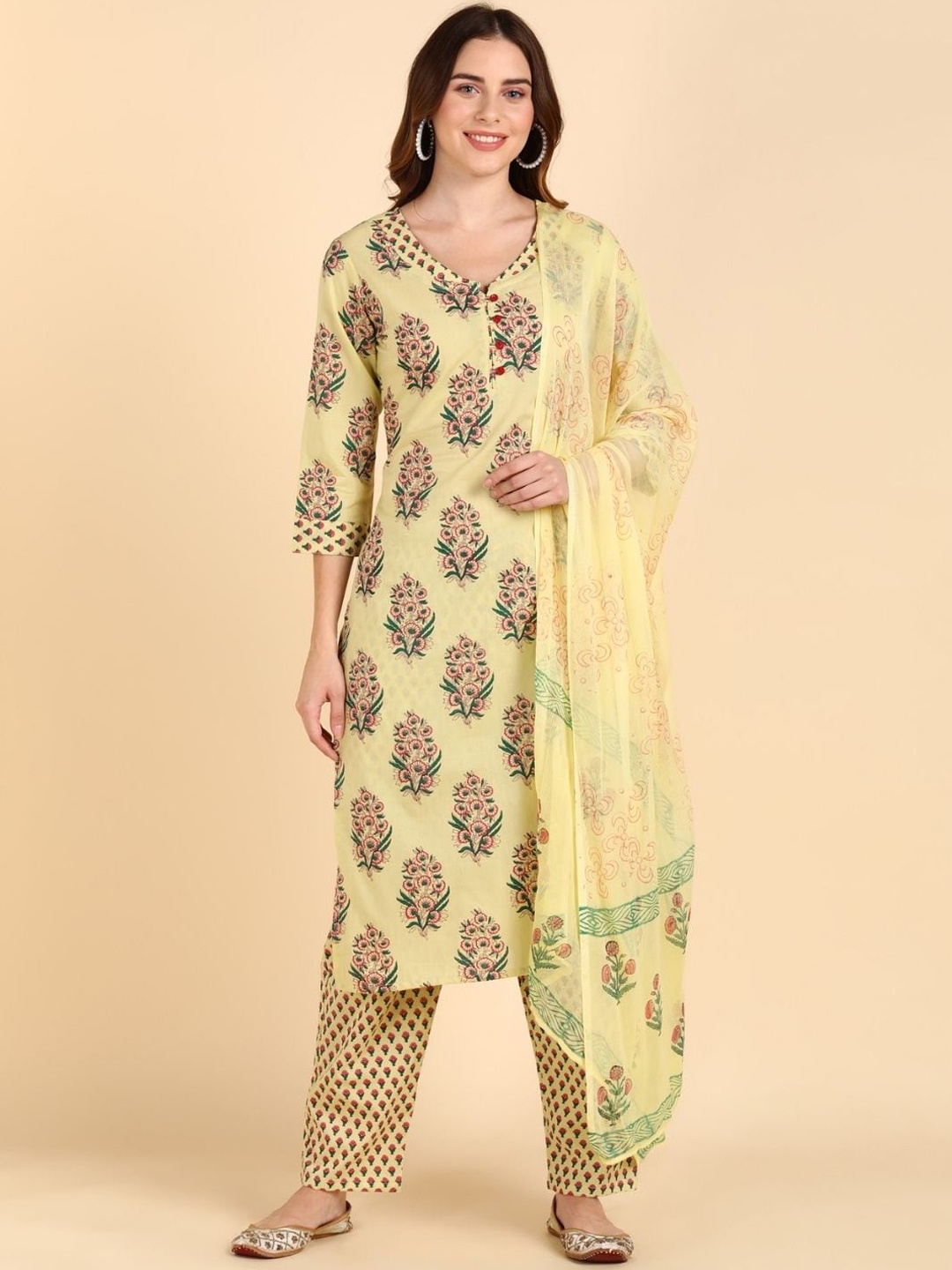 

VEDANA Women Cream-Coloured Floral Embroidered Panelled Pure Cotton Kurti with Patiala & With Dupatta