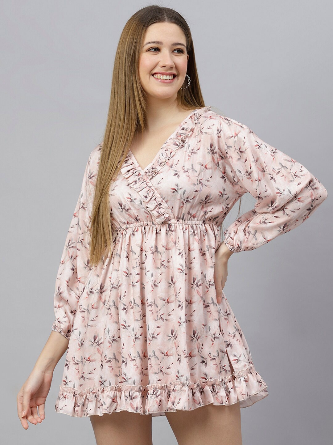 

FLAMBOYANT Peach-Coloured Floral Mini Dress