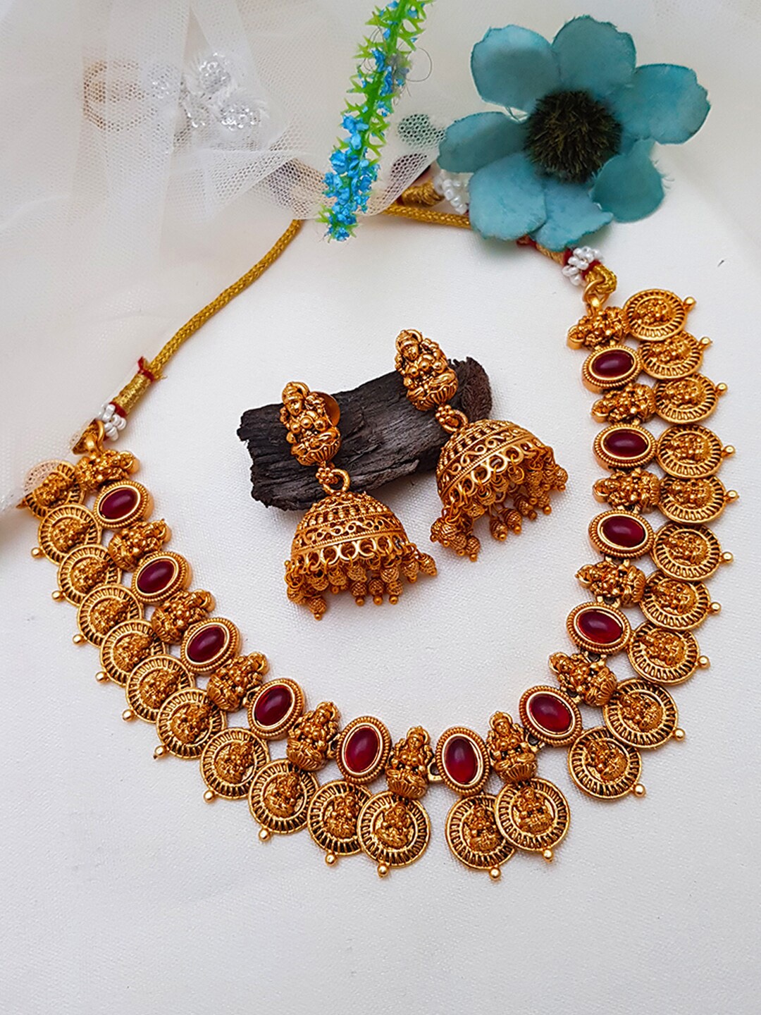 

GRIIHAM Gold-Plated & Red Stone-Studded & Coin Laxmi Jewellery Set