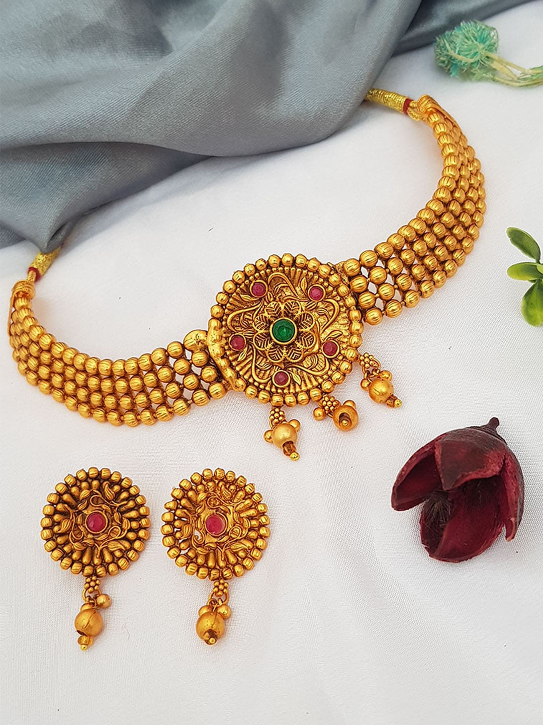 

GRIIHAM Gold-Plated AD- Studded & Beaded Jewellery Set