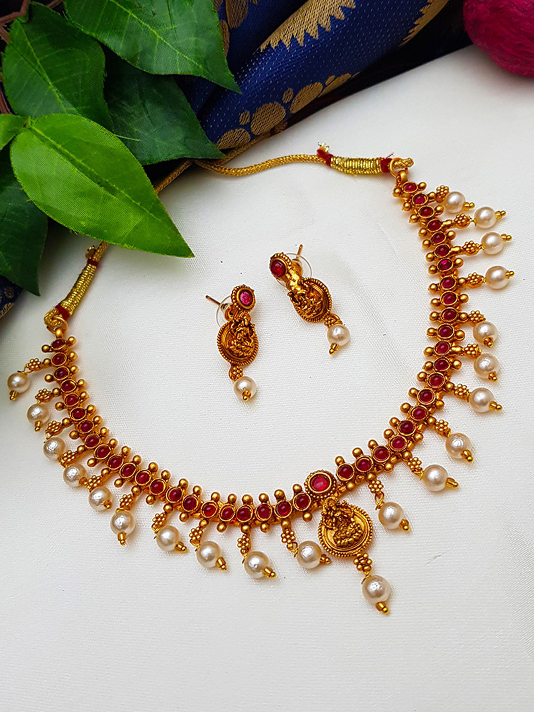 

GRIIHAM Gold-Plated AD-Stone Studded Pearl Beaded Jewellery Set, Red