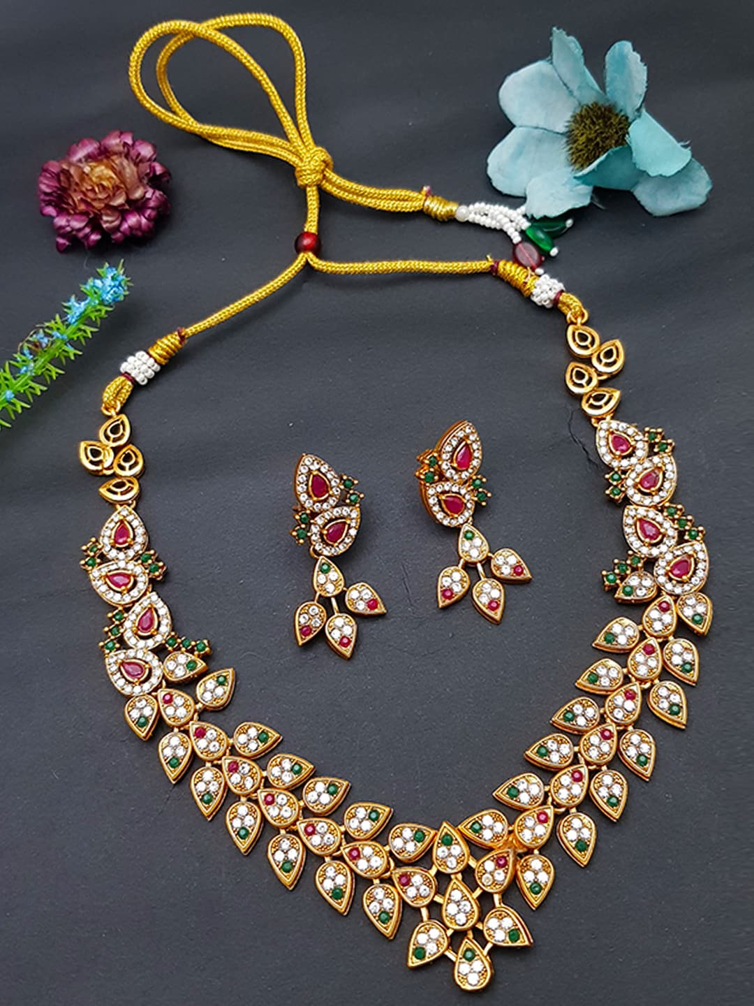 

GRIIHAM Gold-Plated Red & Green Stone-Studded Jewellery Set, Multi