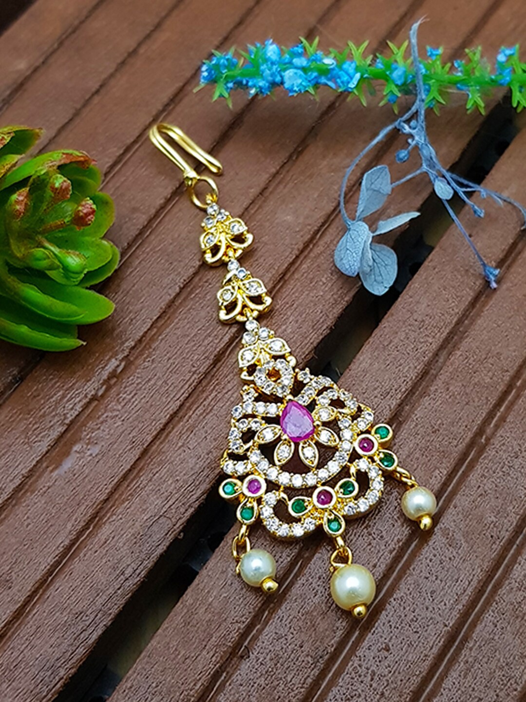 

GRIIHAM Gold Plated Stone Studded Maang Tika, Multi