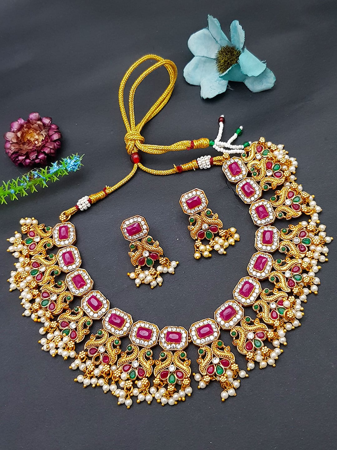 

GRIIHAM Women Gold-Plated Artificial Stone Studded Jewellery Set