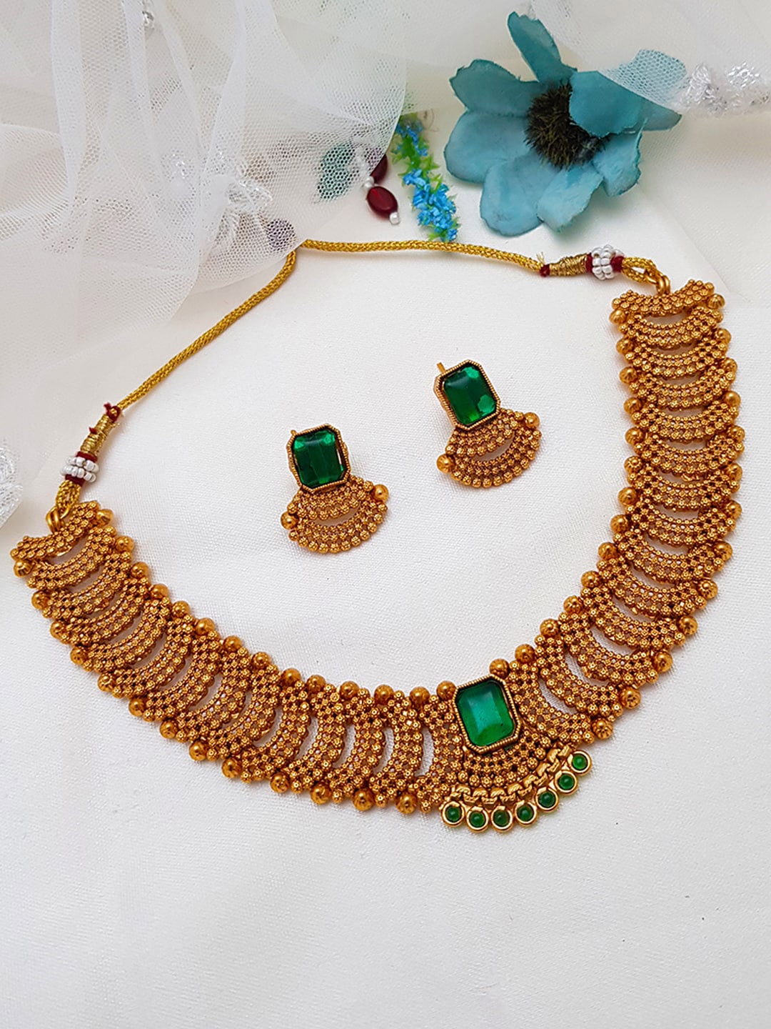 

GRIIHAM Gold-Plated Green AD Studded Jewellery Set