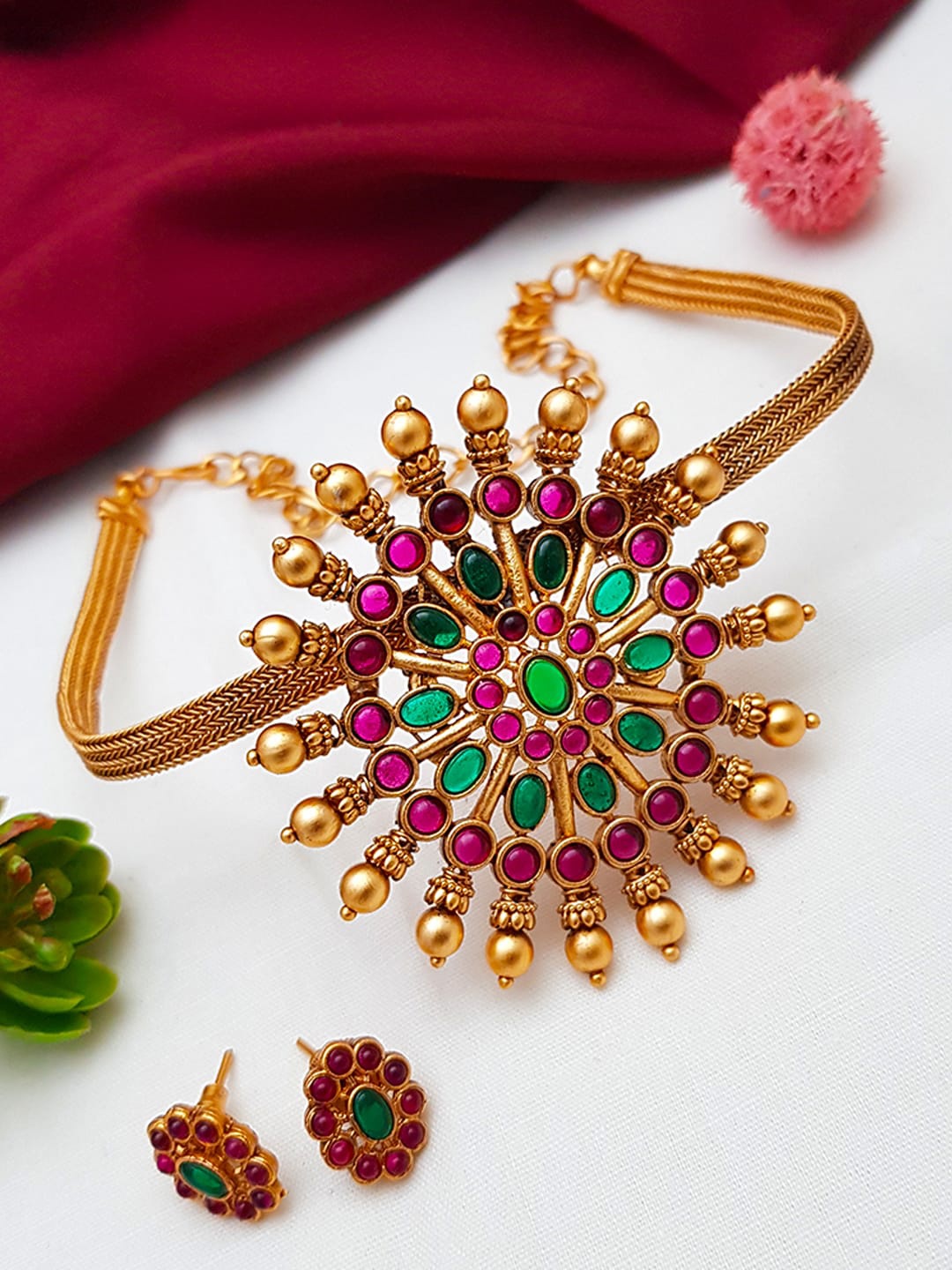 

GRIIHAM Gold-Plated Pink & Green Stone-Studded Jewellery Set