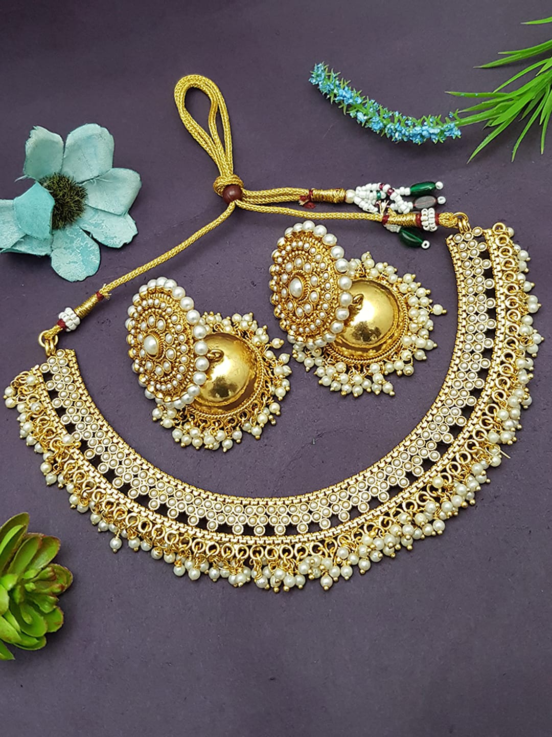 

GRIIHAM Gold-Plated White AD-Studded & Pearl Beaded Jewellery Set