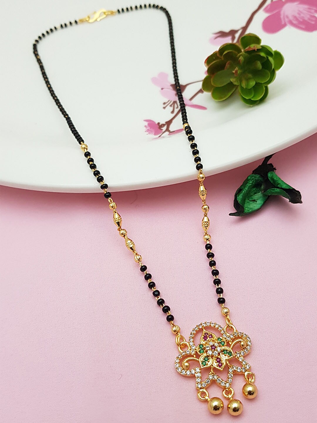 

GRIIHAM Gold-Plated Crystal-Studded & Black Beaded Mangalsutra