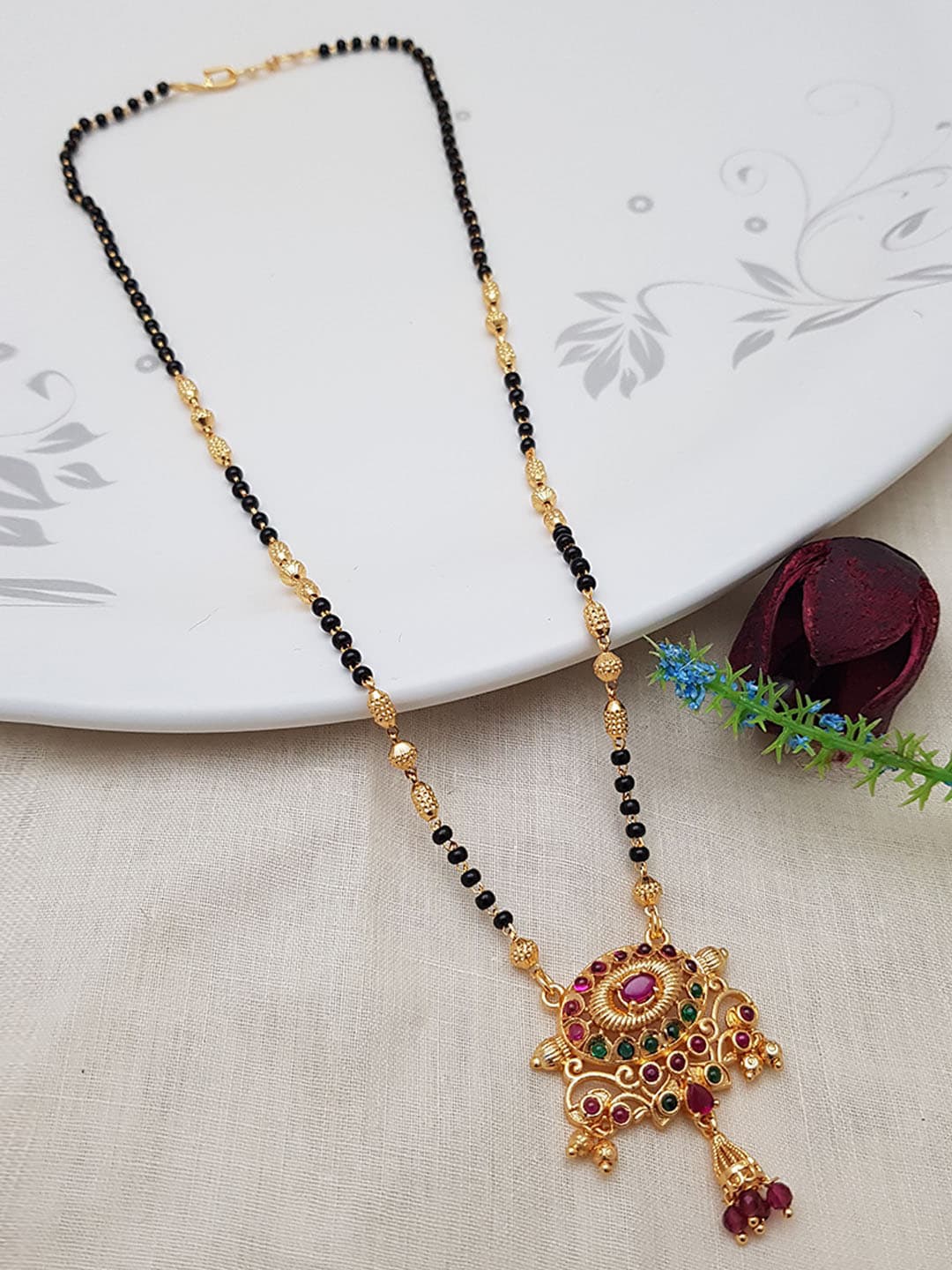 

GRIIHAM Gold-Plated Black Beaded Pink & Green Crystal-Studded Mangalsutra, Multi