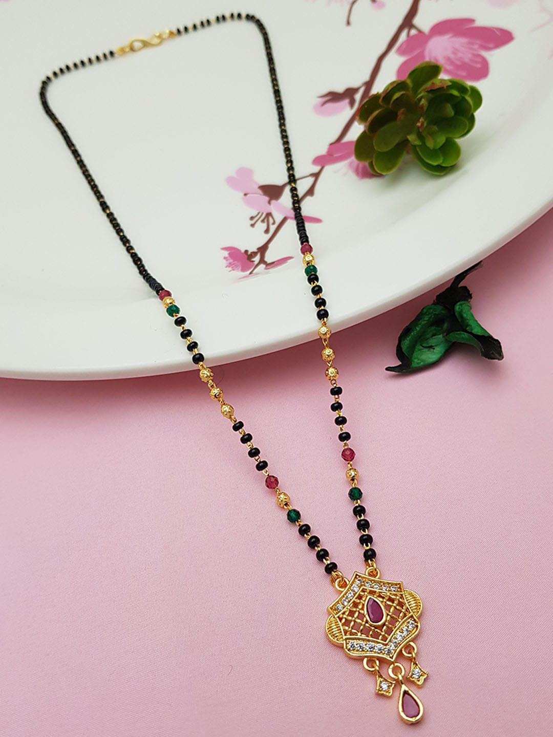 

GRIIHAM Gold Plated Multi Colored Stone Studded Medium Length Mangalsutra