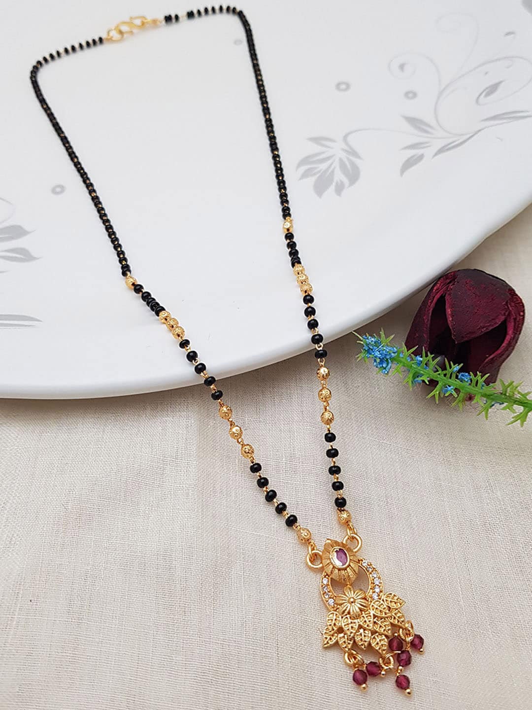 

GRIIHAM Gold-Plated Red Crystals-Studded Mangalsutra