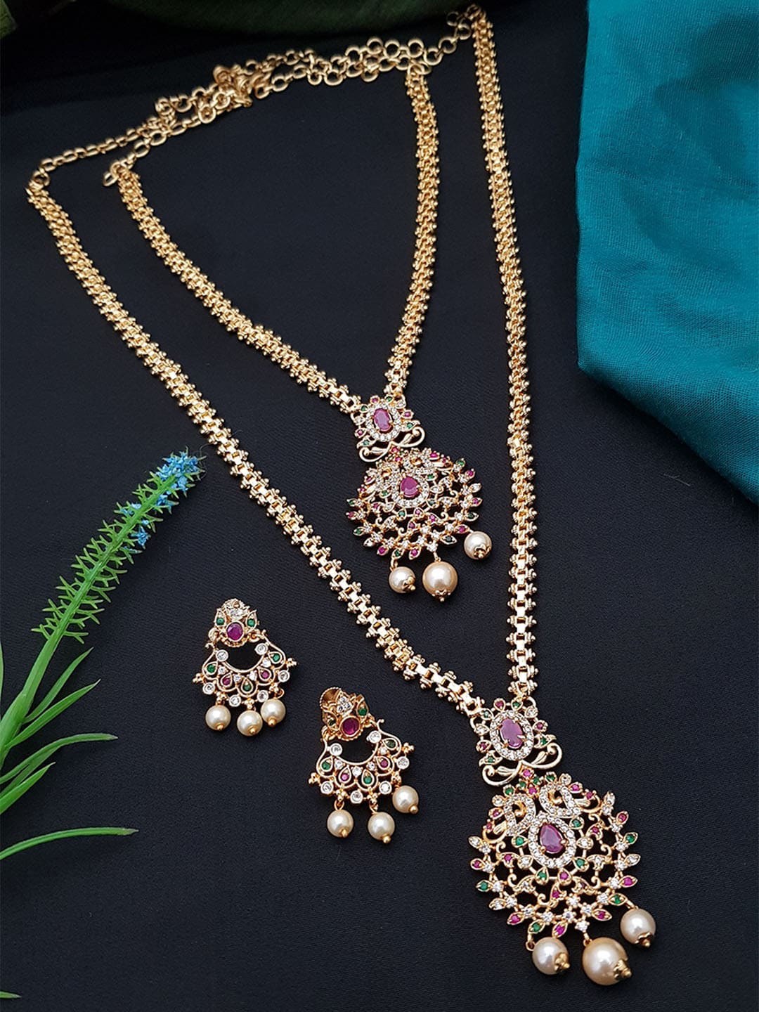 

GRIIHAM Gold- Plated Green & Pink CZ Studded Combo Necklace Set