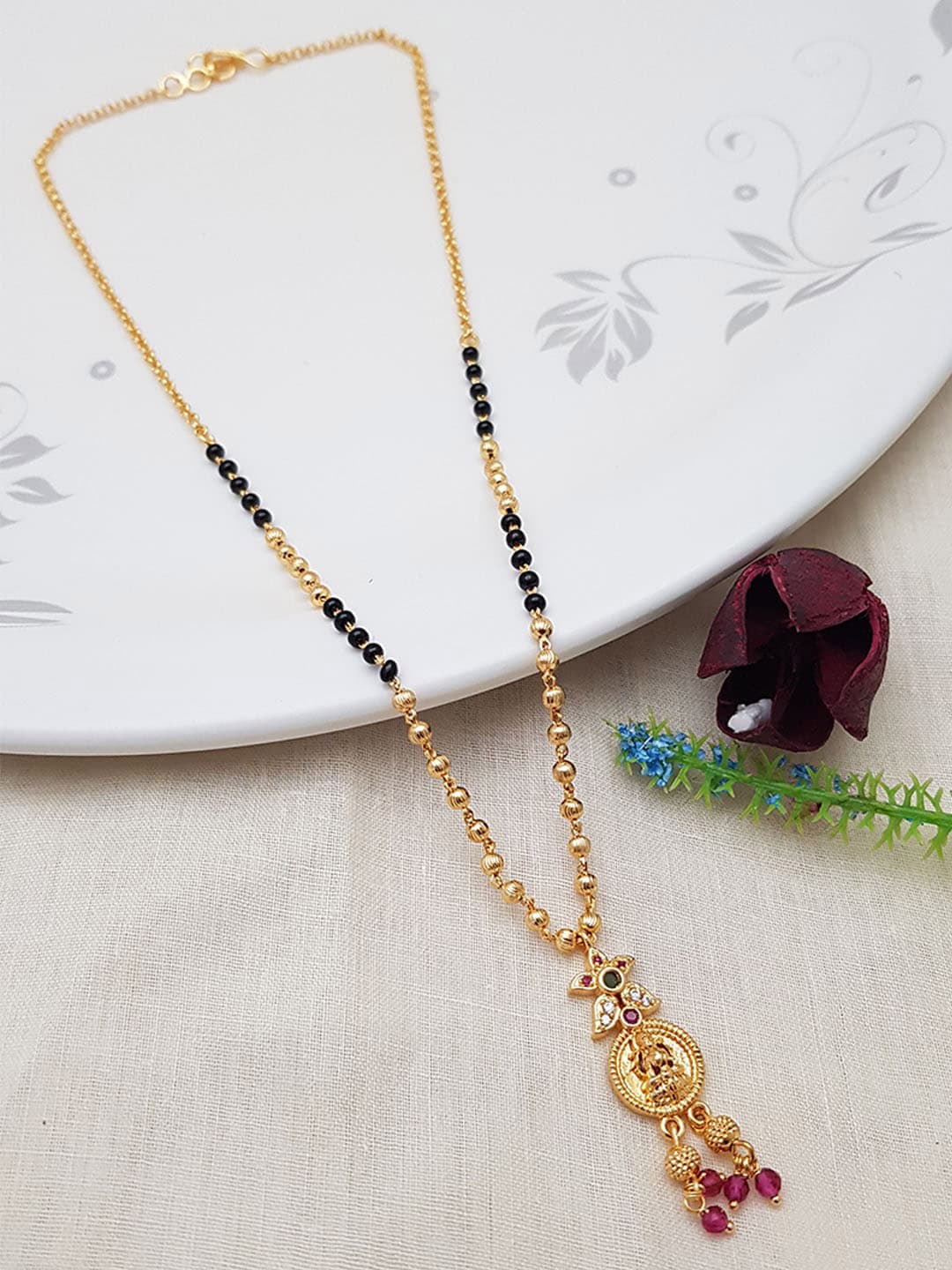 

GRIIHAM Women Gold-Plated Black Beaded With Pendant Mangalsutra